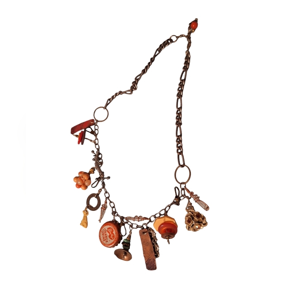 Vintage Whimsical Bohemian Chain Charm Beaded Necklace Bire-Leys Soda Cap Jacks
